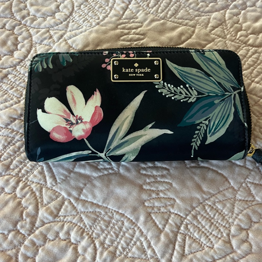 kate spade Black Floral Zip Around Wallet with Pink & Green Accents
